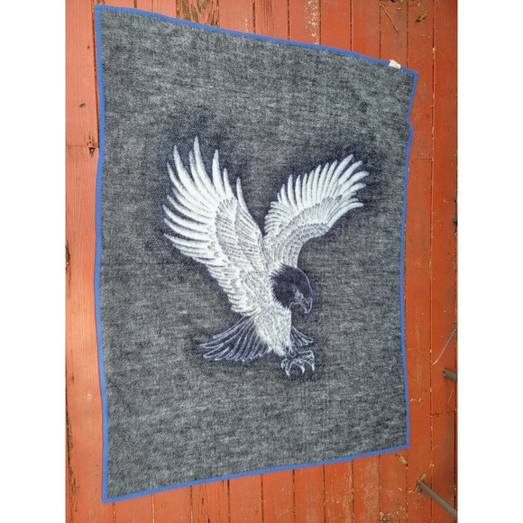 Vintage Biederlack Blanket Bald Eagle Bird Reversible 58” x 70” Blue Black Gray - Picture 2 of 5